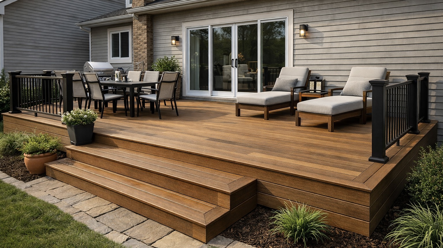 Custom-built backyard deck attached to a modern suburban home, featuring warm wood-tone composite decking, black railings, wide steps leading to a landscaped lawn, and outdoor lounge and dining furniture in natural daylight.
