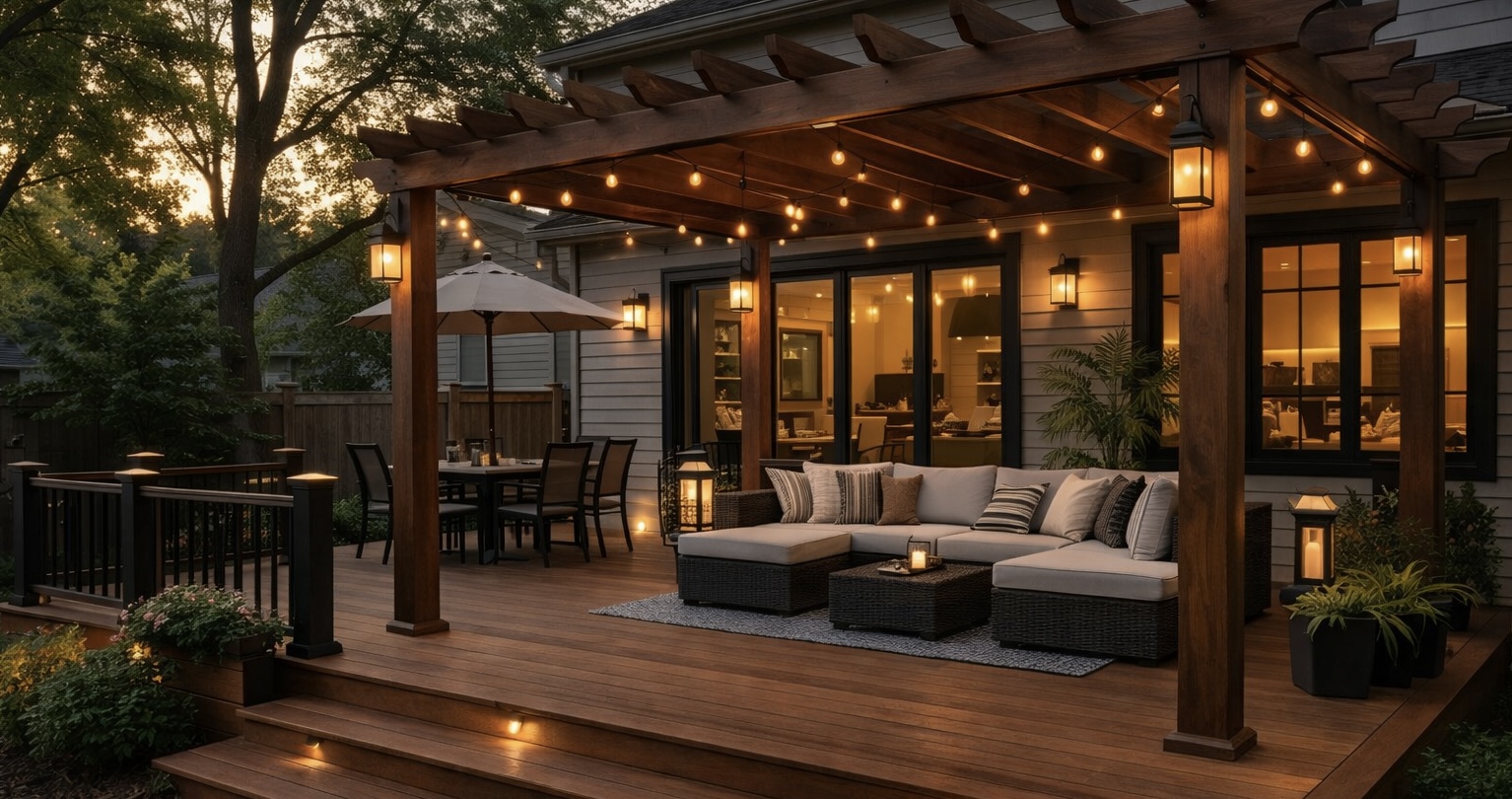 Modern backyard composite deck with a large wooden pergola, warm string lights, built-in step lighting, and cozy outdoor lounge seating at dusk, attached to a suburban home with glowing interior lights visible through glass doors.